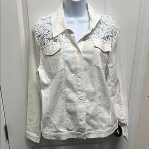 Off White Lace Jean Jacket. Lightweight linen like fabric with lace back.